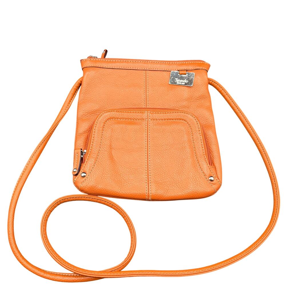 Tignanello Pebbled Leather Crossbody Bag Orange Front Zip Pockets